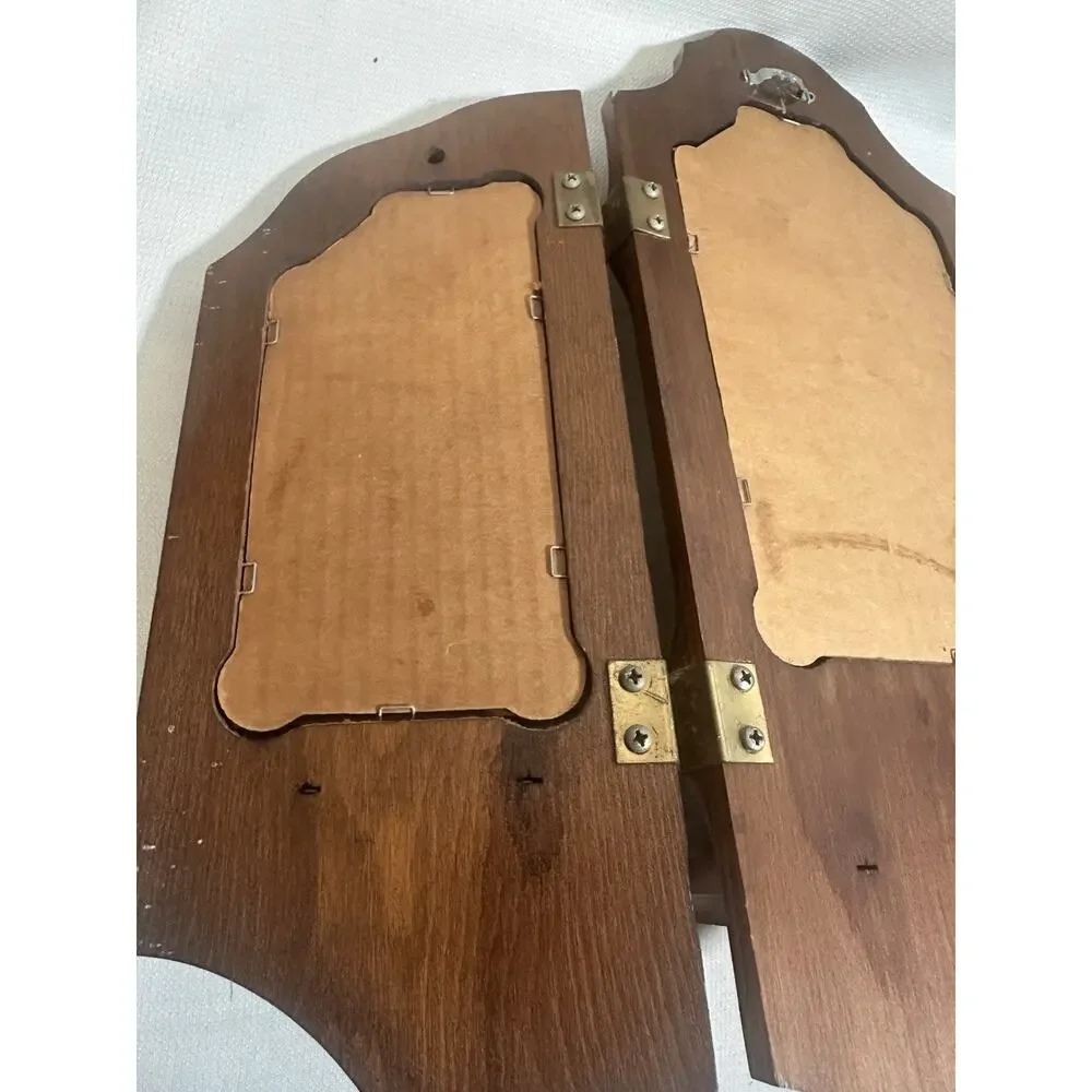 Vintage MCM Tri-fold Handcrafted Wooden Wall Sconce Mirror Candle Holders
